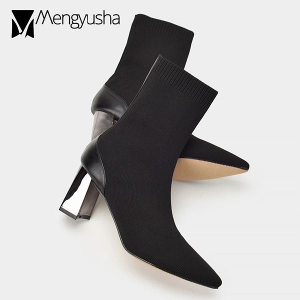 back leather patchwork knitted boots women silver metal heel stretch mid-calf booties pointed toe slim botas on pumps big size43, Black
back leather patchwork knitted boots women silver metal heel stretch mid-calf booties pointed toe slim botas on pumps big size43, Black