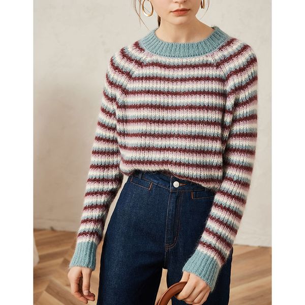 women sweater 2020 autumn and winter new mohair colorblock striped thick knit sweater, White;black
women sweater 2020 autumn and winter new mohair colorblock striped thick knit sweater, White;black