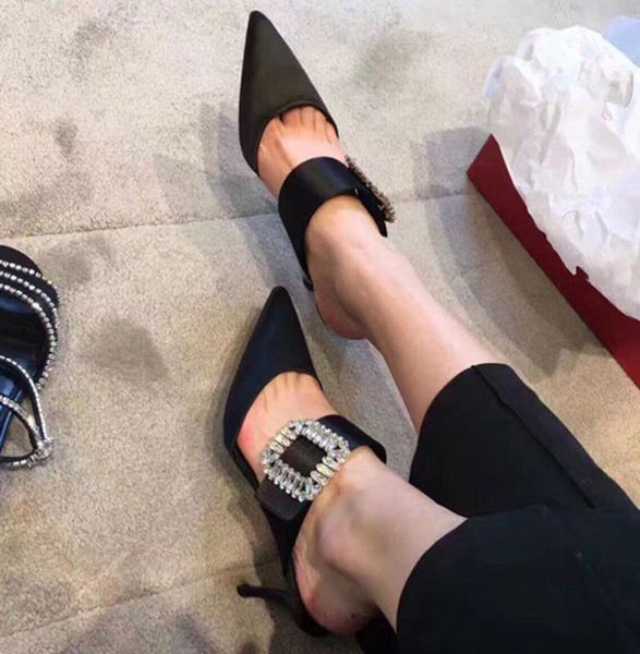 satin high spike heels slip on women mules pointed toe solid crystal buckle pumps elegant party ladies slippers, Black
satin high spike heels slip on women mules pointed toe solid crystal buckle pumps elegant party ladies slippers, Black