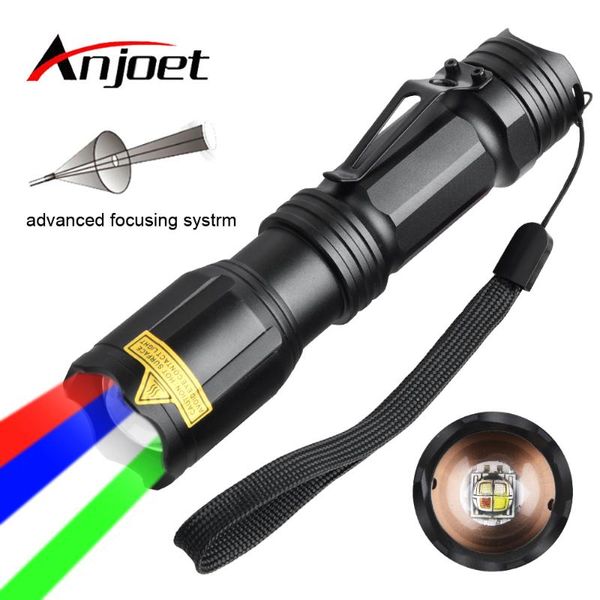 Anjoet Zoomable Led Multifunctional Tactical Torch Red Green Blue White 4 Color In 1 Hunting Fishing Lamp Flash 18650