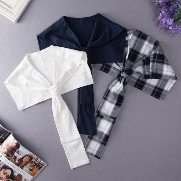 all-match plaid scarf shawl korean knot scarf bandage small shawl sleeves shoulder fake collar, Blue;gray 
all-match plaid scarf shawl korean knot scarf bandage small shawl sleeves shoulder fake collar, Blue;gray