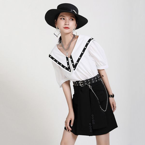 women's blouses & shirts drawstring lace up women sailor collar short sleeve asymmetric ruched blouse female summer 2021 casual fashion, White
women's blouses & shirts drawstring lace up women sailor collar short sleeve asymmetric ruched blouse female summer 2021 casual fashion, White