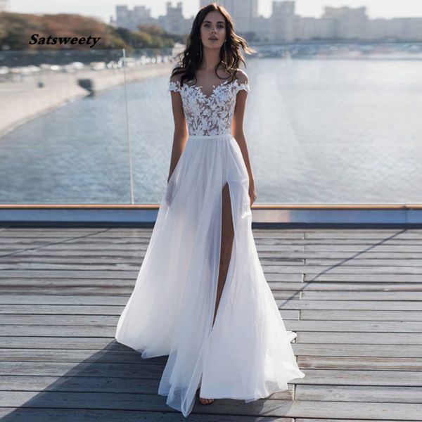 sheer scoop neck short sleeves tulle wedding dress with side slit lace appliuque wedding dresses boho robe mariage, White
sheer scoop neck short sleeves tulle wedding dress with side slit lace appliuque wedding dresses boho robe mariage, White