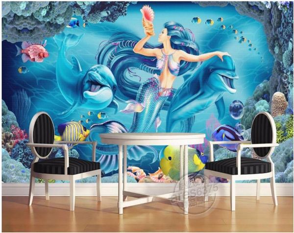 custom mural p 3d wall paper non woven and silk wallpaper mermaid dolphins painting 3d wall murals wallpaper for 3 d