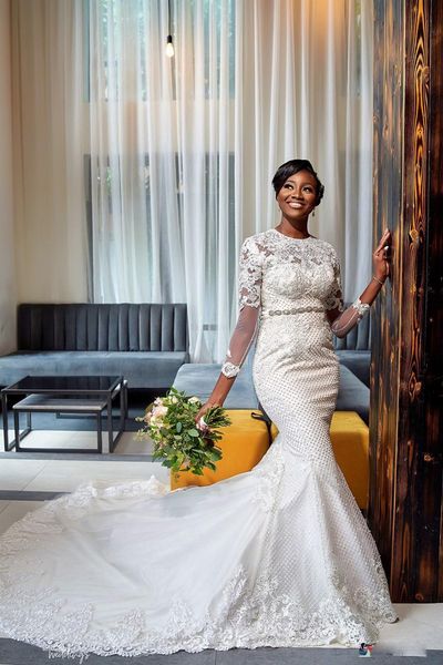 2020 african plus size mermaid wedding dresses long sleeves lace appliqued crystal beaded sweep train wedding gowns vestido de novia, White
2020 african plus size mermaid wedding dresses long sleeves lace appliqued crystal beaded sweep train wedding gowns vestido de novia, White