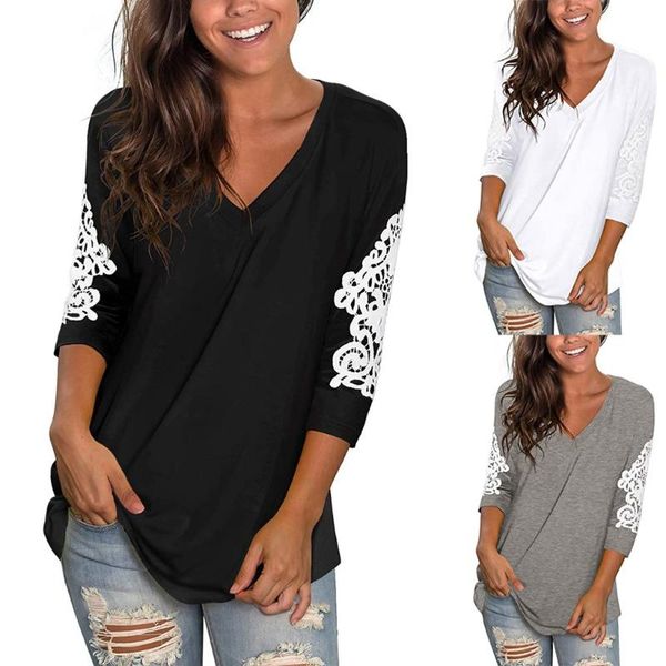 women's blouses & shirts 38# women work wear blouse plus size lace three quarter sleeve v-neck loose casual tee, White 
women's blouses & shirts 38# women work wear blouse plus size lace three quarter sleeve v-neck loose casual tee, White