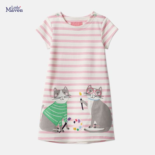 little maven new summer kids striped appliques cats painting o-neck girls 2-7yrs short-sleeved button cotton knitted dresses, Red;yellow 
little maven new summer kids striped appliques cats painting o-neck girls 2-7yrs short-sleeved button cotton knitted dresses, Red;yellow