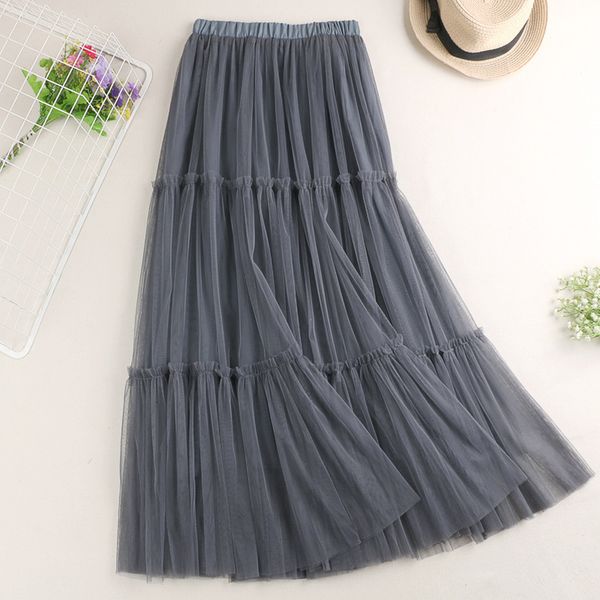 women pleated skirts 2020 new summer high waist ruffles long tulle skirt slim patchwork mesh maxi skirts for women jupe femme, Black