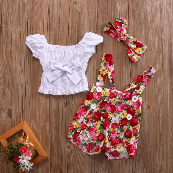 3pcs/set newborn toddler baby girls clothes set white off shoulder bow t shirt + flower overalls pants + headband outfits summer
3pcs/set newborn toddler baby girls clothes set white off shoulder bow t shirt + flower overalls pants + headband outfits summer