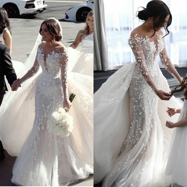 castle mermaid wedding dresses with detachable train jewel sheer neck appliqued lace bridal gowns custom made robes de mariée sirène, White
castle mermaid wedding dresses with detachable train jewel sheer neck appliqued lace bridal gowns custom made robes de mariée sirène, White