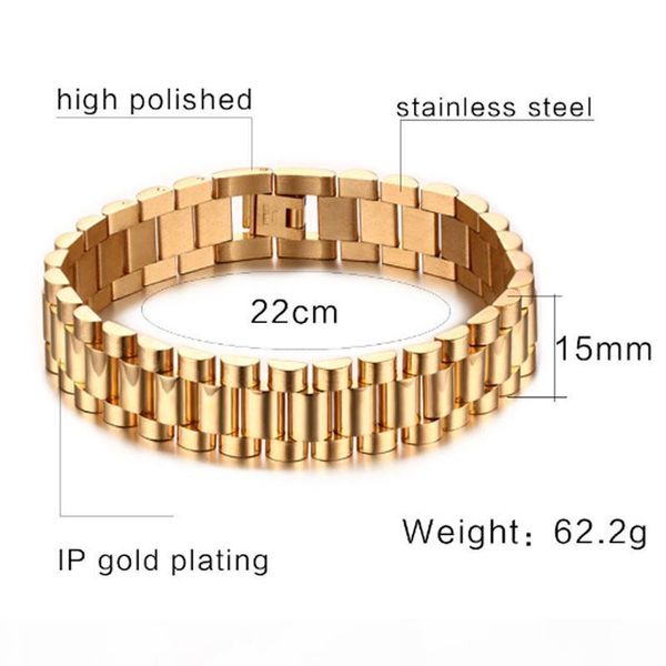 y mens 15mm watch band bracelet gold plated stainless steel strap solid linkks cuff bangles 22cm length fashion jewelry gifts, Black
y mens 15mm watch band bracelet gold plated stainless steel strap solid linkks cuff bangles 22cm length fashion jewelry gifts, Black