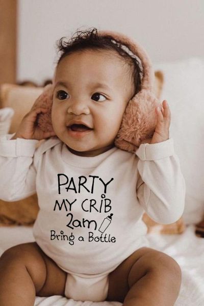 cotton newborn jumpsuit party at my crib 2am bring a bottle funny print baby romper long sleeve infant playsuit clothes, Blue
cotton newborn jumpsuit party at my crib 2am bring a bottle funny print baby romper long sleeve infant playsuit clothes, Blue