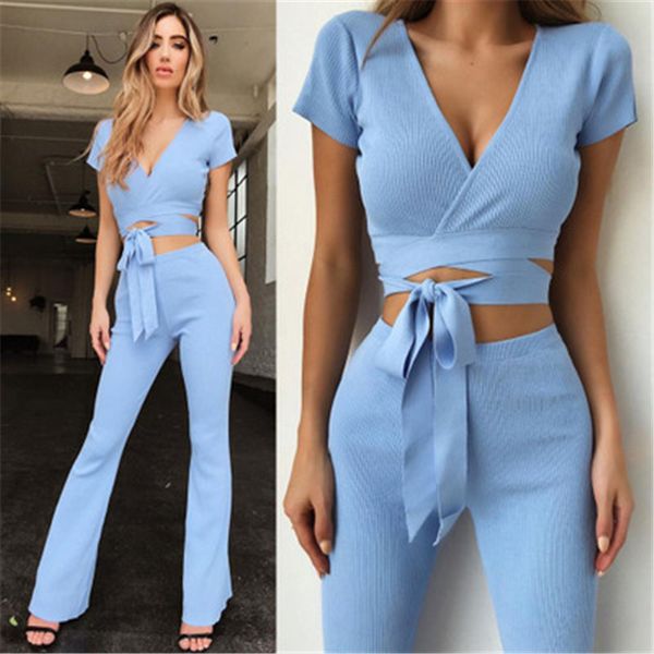women's casual set deep v-neck short sleeve strap short cropped slim flare pants set street hipsters women's clothing, White
women's casual set deep v-neck short sleeve strap short cropped slim flare pants set street hipsters women's clothing, White