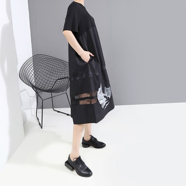 women black pattern print sttich mesh long dress new round neck short sleeve loose fit fashion spring summer 2020 1t450, Black;gray 
women black pattern print sttich mesh long dress new round neck short sleeve loose fit fashion spring summer 2020 1t450, Black;gray
