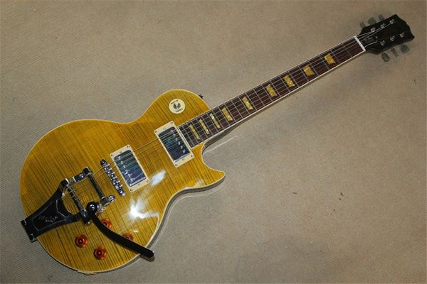 yellow electric guitar flamed maple mahogany body rosewood fingerboard shell inlay big tremolo rocker fixed bridge gold knob
yellow electric guitar flamed maple mahogany body rosewood fingerboard shell inlay big tremolo rocker fixed bridge gold knob