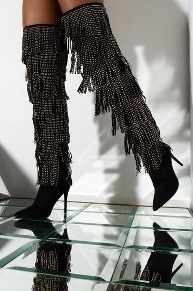 2020 winter fringe overknee boots women luxury designer crystal party high heels shoes woman tassel pointed toe thigh high boots, Black
2020 winter fringe overknee boots women luxury designer crystal party high heels shoes woman tassel pointed toe thigh high boots, Black