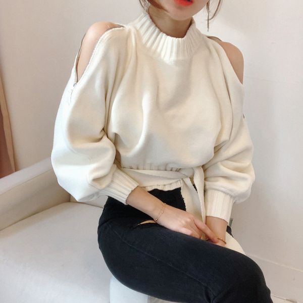 2020 autumn and winter korean half-high neck zipper off-shoulder lantern sleeve loose knit sweater short bandage, White;black
2020 autumn and winter korean half-high neck zipper off-shoulder lantern sleeve loose knit sweater short bandage, White;black