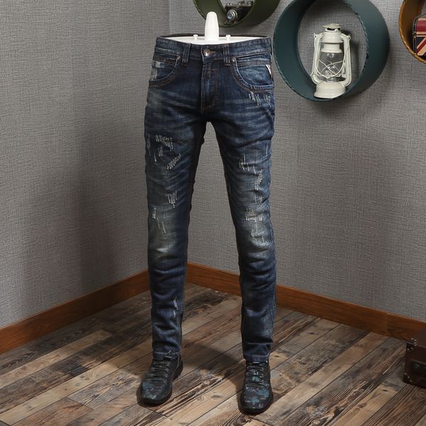 men's jeans italian style fashion men retro slim fit elastic ripped denim baggy pants vintage designer, Blue
men's jeans italian style fashion men retro slim fit elastic ripped denim baggy pants vintage designer, Blue