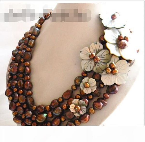 4strands 19'' 12mm coffee baroque shell flower freshwater pearl necklace, Silver
4strands 19'' 12mm coffee baroque shell flower freshwater pearl necklace, Silver