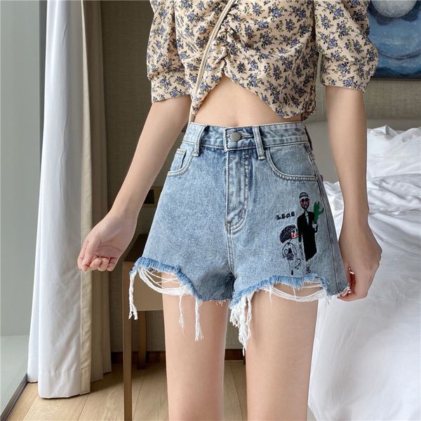 women's korean-style cartoon embroidered jeans with burr holes casual women denim shorts crimping high waist shorts feminino, Blue
women's korean-style cartoon embroidered jeans with burr holes casual women denim shorts crimping high waist shorts feminino, Blue