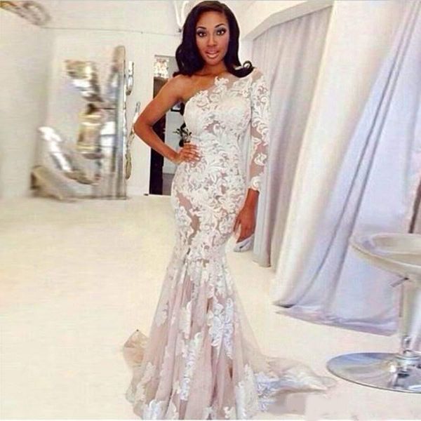 2020 one shoulder applique lace mermaid wedding dresses illusion long sleeve sweep train unique bridal party gowns, White
2020 one shoulder applique lace mermaid wedding dresses illusion long sleeve sweep train unique bridal party gowns, White