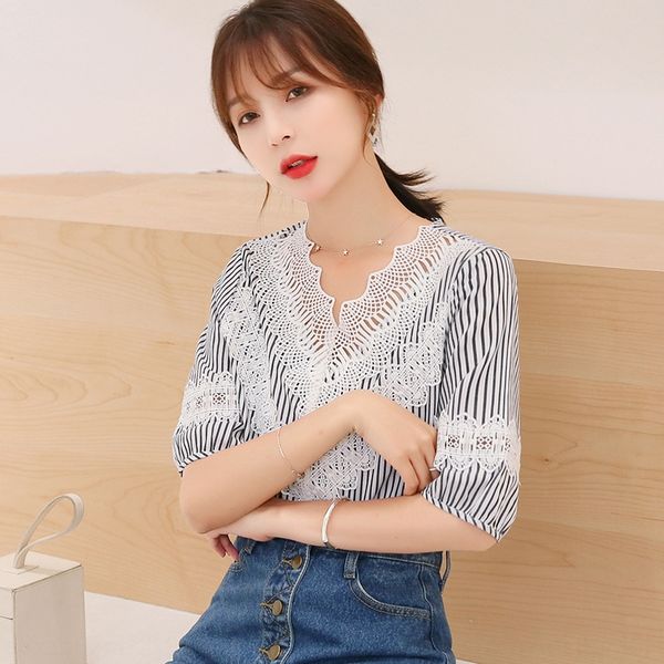 women's western lace style shirt 2020 summer new hibiscus lace stitching striped shirt, White
women's western lace style shirt 2020 summer new hibiscus lace stitching striped shirt, White
