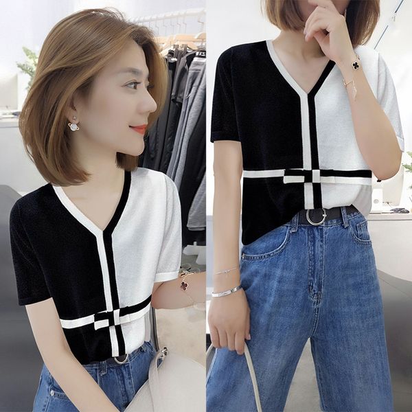 fanlisi 2020 new summer european style stitching v-neck knitted short-sleeved color matching t-shirt t-shirt, White
fanlisi 2020 new summer european style stitching v-neck knitted short-sleeved color matching t-shirt t-shirt, White