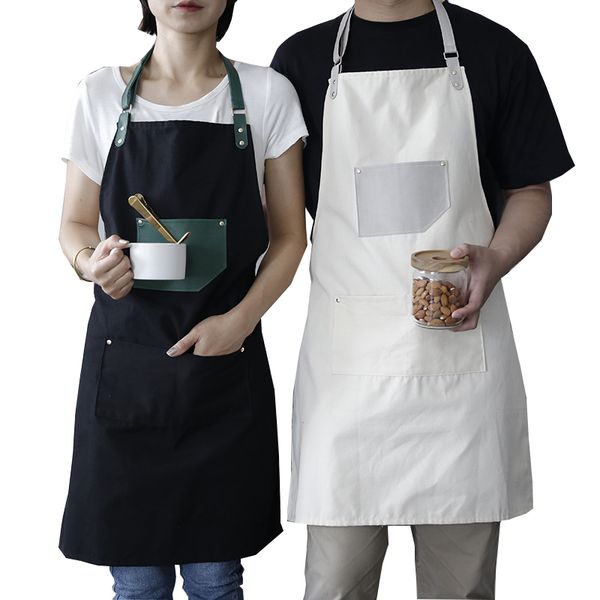 

new fashion canvas cotton aprons for women men adjustable leather strap apron with leather pocket and center pockets pinafore