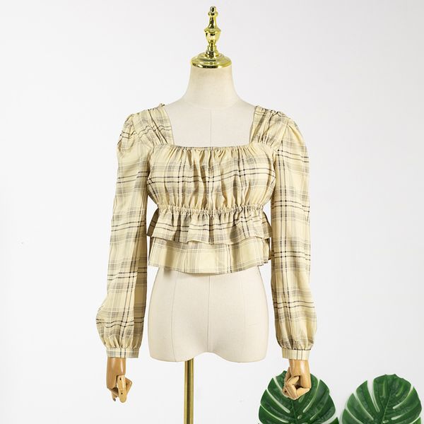women blouses 2020 summer plaid square neck women's shirt long sleeve pleated shirts blouses blusa feminina, White
women blouses 2020 summer plaid square neck women's shirt long sleeve pleated shirts blouses blusa feminina, White