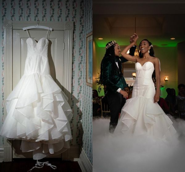 setwell strapless mermaid wedding dresses sweetheart sleeveless ruffled pleated tiered floor length sweep train bridal gowns, White
setwell strapless mermaid wedding dresses sweetheart sleeveless ruffled pleated tiered floor length sweep train bridal gowns, White