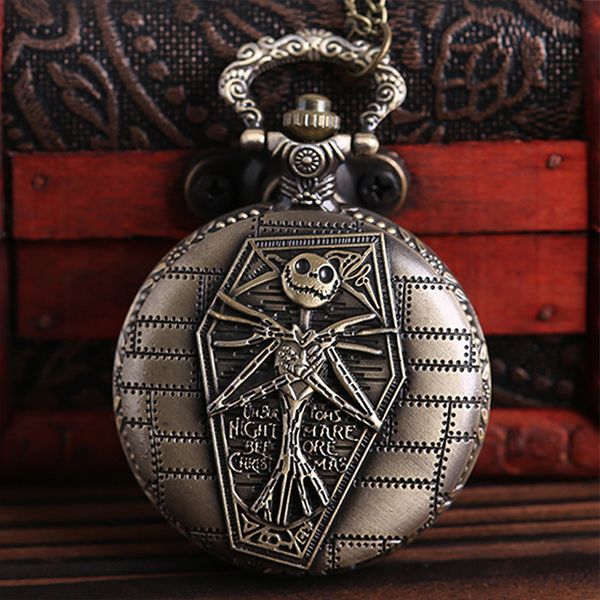 

nightmare before christmas quartz pocket watch laser engraved bronze vintage fob necklace watches flip case reloj with chain for men women, Slivery;golden