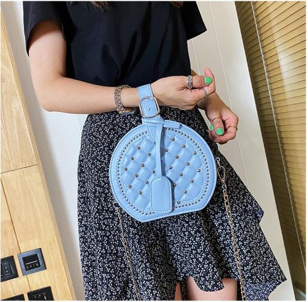 

Fashion Chain Rivet Circular Women Shoulder Bag PU Leather Women's Crossbody Messenger Bags Ladies Female Round Bolsa Handbag