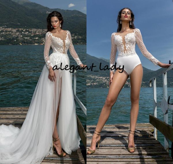 beach wedding bodysuit dress with detachable train 2021 illusion long sleeve lace applique holiday bohemian bride dress pant suit, White
beach wedding bodysuit dress with detachable train 2021 illusion long sleeve lace applique holiday bohemian bride dress pant suit, White