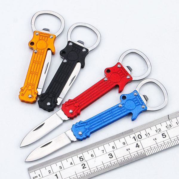 Outdoor Mini Folding Knife With Bottle Opener 2 In 1 Pocket Knife Multifunctional Survival Knives Portable Saber Key Pendant Fruit Knife Edc