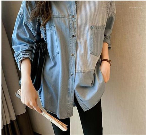 printed contrast color lapel neck single breast pocket fashion female clothing autumn womens designer denim blouses striped, White
printed contrast color lapel neck single breast pocket fashion female clothing autumn womens designer denim blouses striped, White