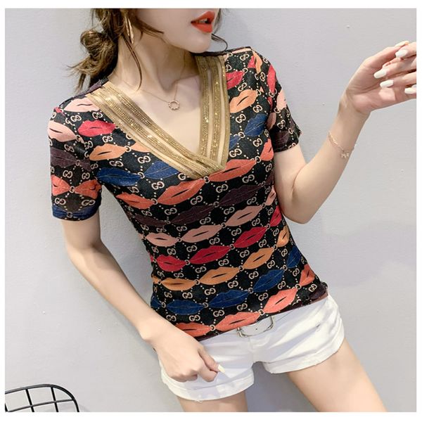 fashion drilling bright silk printing short sleeve t shirt lips v-neck slim women 2020 summer new style, White
fashion drilling bright silk printing short sleeve t shirt lips v-neck slim women 2020 summer new style, White