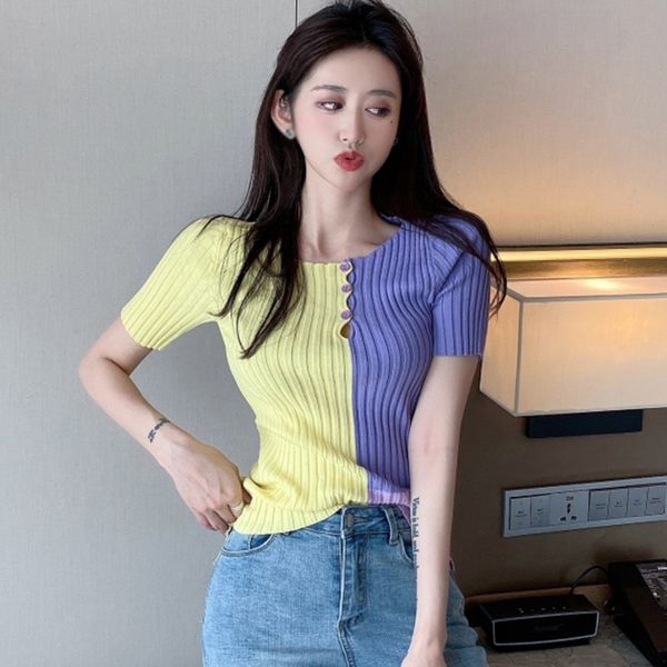 women pullover sweater round neck packwork short sleeve knitted fashion summer beach wear slim short top, White;black
women pullover sweater round neck packwork short sleeve knitted fashion summer beach wear slim short top, White;black
