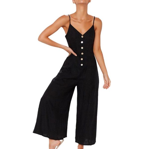 

women's jumpsuits & rompers women summer loose button down sling camis long ladies sleeveless overalls wide leg pants overol, Black;white