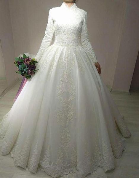 muslim long sleeves lace wedding dresses with appliques high neck sweep train tulle a line wedding bridal gowns vestidos de noiva, White
muslim long sleeves lace wedding dresses with appliques high neck sweep train tulle a line wedding bridal gowns vestidos de noiva, White