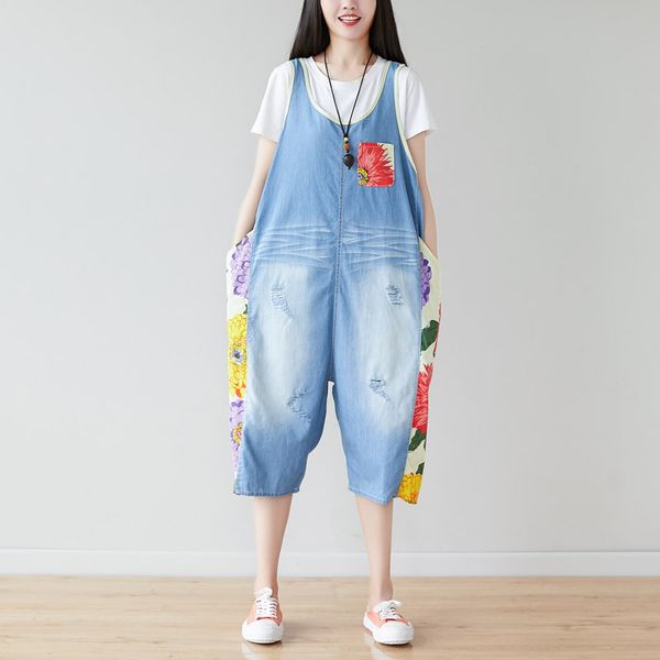women's plus size overalls summer new thin and old jeans stitching large size was thin and worn one-piece overalls seven points, Blue
women's plus size overalls summer new thin and old jeans stitching large size was thin and worn one-piece overalls seven points, Blue