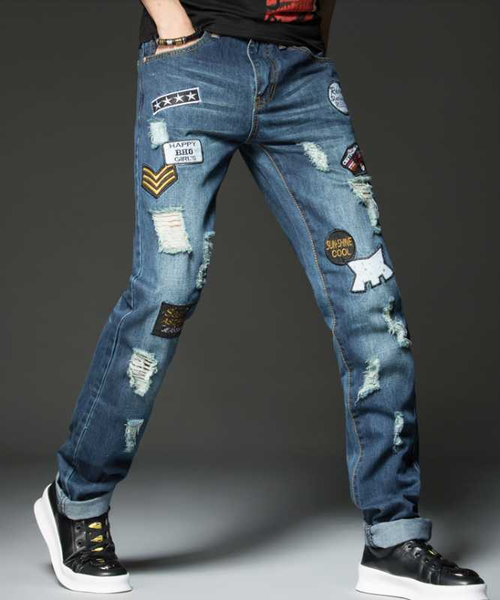 mens straight slim cut jeans blue color ripped streetwear badge embroidered designer jeans fashion hole hip hop pants
mens straight slim cut jeans blue color ripped streetwear badge embroidered designer jeans fashion hole hip hop pants