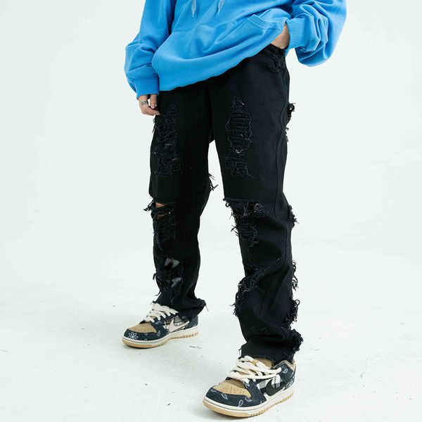 letter embroidery ripped hole jeans men and women straight oversize washed denim trousers loose jean pants, Black
letter embroidery ripped hole jeans men and women straight oversize washed denim trousers loose jean pants, Black