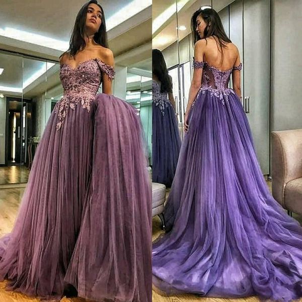 off shoulder lace and tulle prom dresses 2020 zipper back sweep train evening gowns purple formal party dress, Black
off shoulder lace and tulle prom dresses 2020 zipper back sweep train evening gowns purple formal party dress, Black
