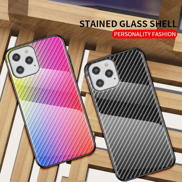 Image of Gradient Carbon Fiber Tempered Glass Case For iPhone 12 SE 2020 11 Pro Max XS Max XR X 8 7 6 5 S