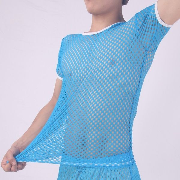 men t shirts transparent mesh see through tees man tshirt o-neck singlet gay male casual t-shirt(only, White;black