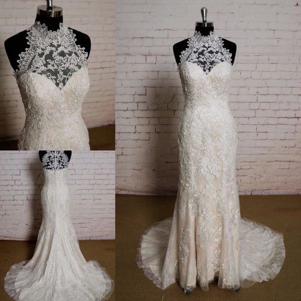 vintage lace wedding dresses high collar sleeveless appliques mermaid bridal gowns custom made button back sweep train robe de mariée, White
vintage lace wedding dresses high collar sleeveless appliques mermaid bridal gowns custom made button back sweep train robe de mariée, White