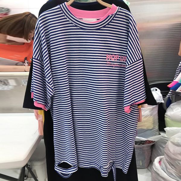 women's t-shirt striped t-shirt, embroidered pattern hem tear middle sleeve shirt dm001, White
women's t-shirt striped t-shirt, embroidered pattern hem tear middle sleeve shirt dm001, White