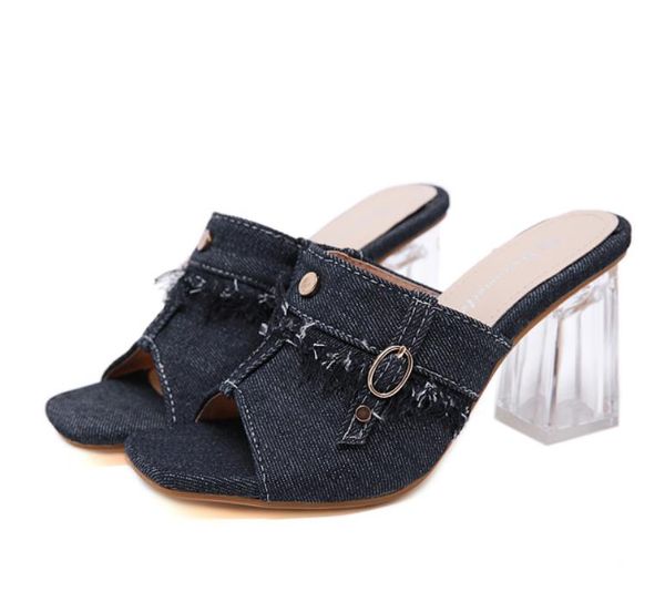 blue denim crystal transparent chunky heels slipper luxury women shoes come wtih box size 35 to 40, Black
blue denim crystal transparent chunky heels slipper luxury women shoes come wtih box size 35 to 40, Black