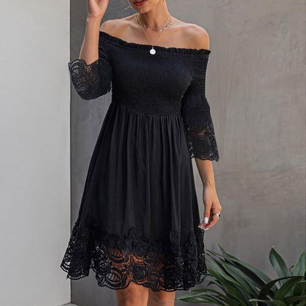 2020 casual women ruffles floral lace off shoulder solid flare sleeve dress women summer vestido de mujer, White;black
2020 casual women ruffles floral lace off shoulder solid flare sleeve dress women summer vestido de mujer, White;black
