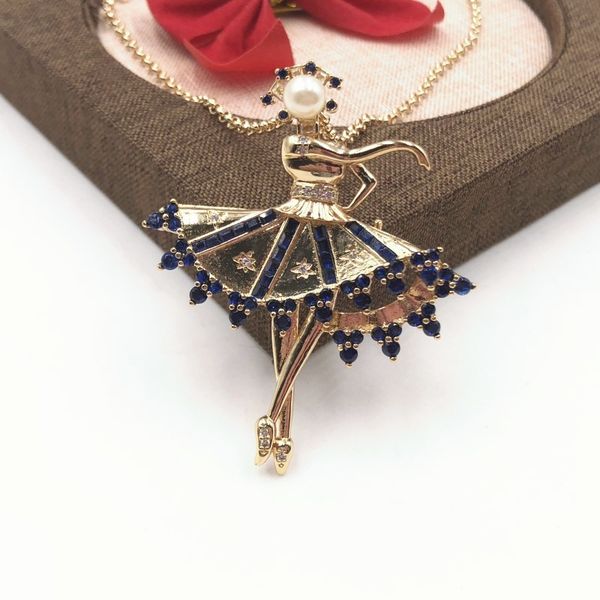 2020 factory wholesale golden ballet girl pendant necklace brooch dual-use blue crystal fashion high-end ladies jewelry accessories, Silver 
2020 factory wholesale golden ballet girl pendant necklace brooch dual-use blue crystal fashion high-end ladies jewelry accessories, Silver